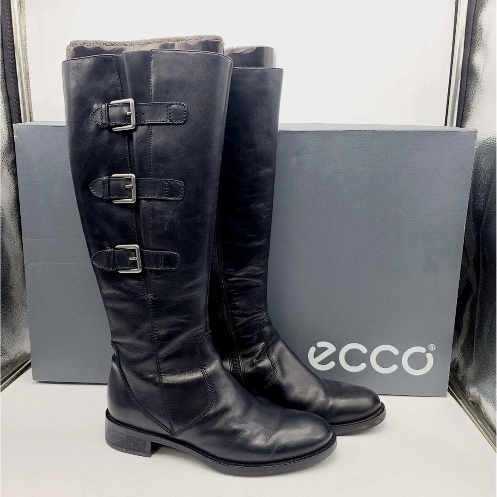 ECCO Boots Hobart Biker Boots Women's 37 Black Leather Riding Buckle NEW IN Box - Picture 3 of 9